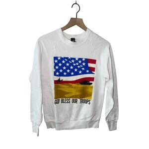 Vintage God Bless Our Troops Sweatshirt White Crewneck VTG 90s 1990s Medium